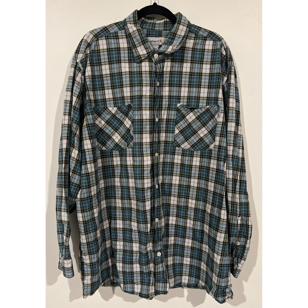 Carhartt Shirt Mens Blue Grey Plaid Button Up Brushed Cotton Size XXL